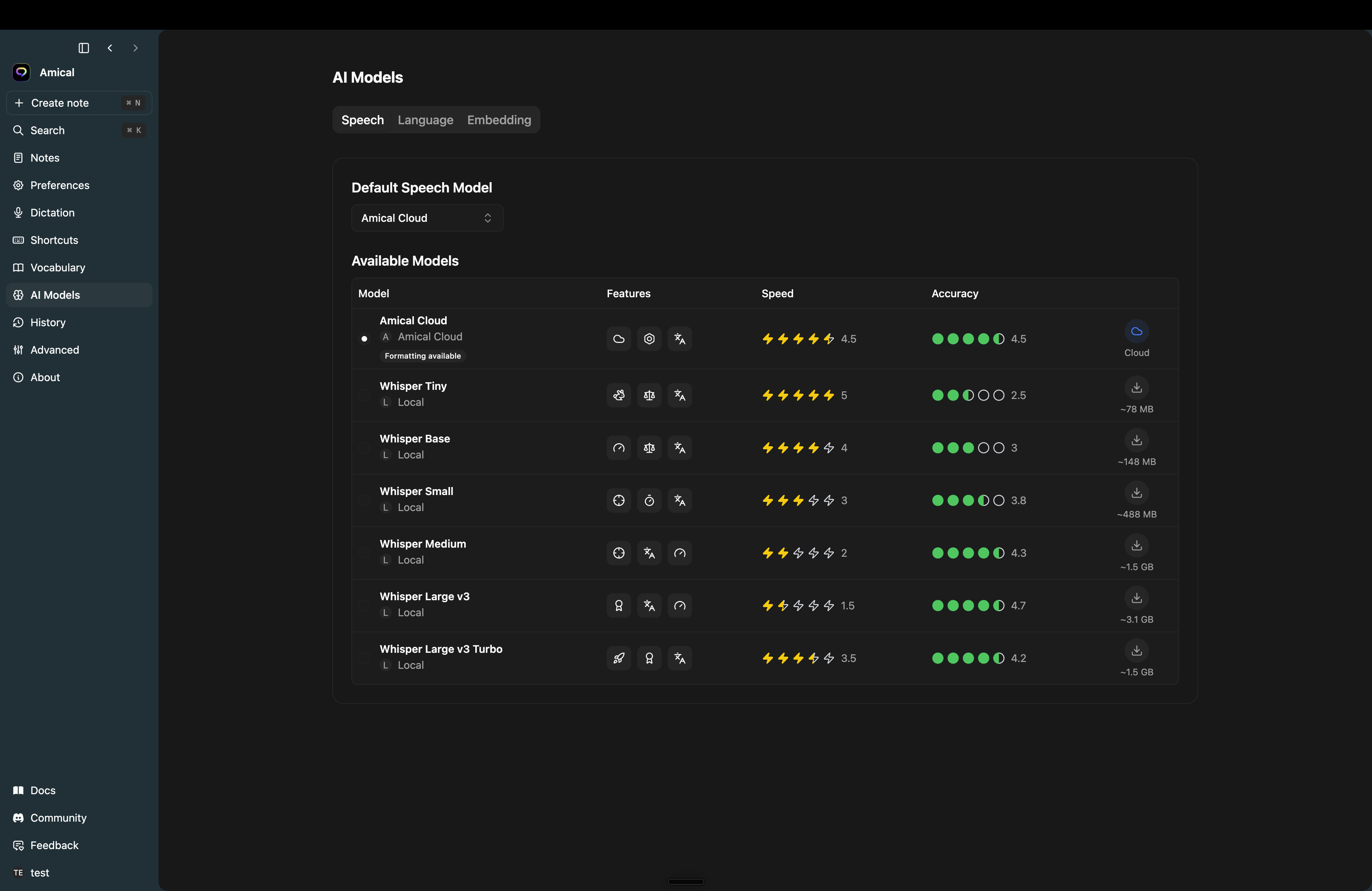 Settings → AI Models → Speech with all Whisper variants listed