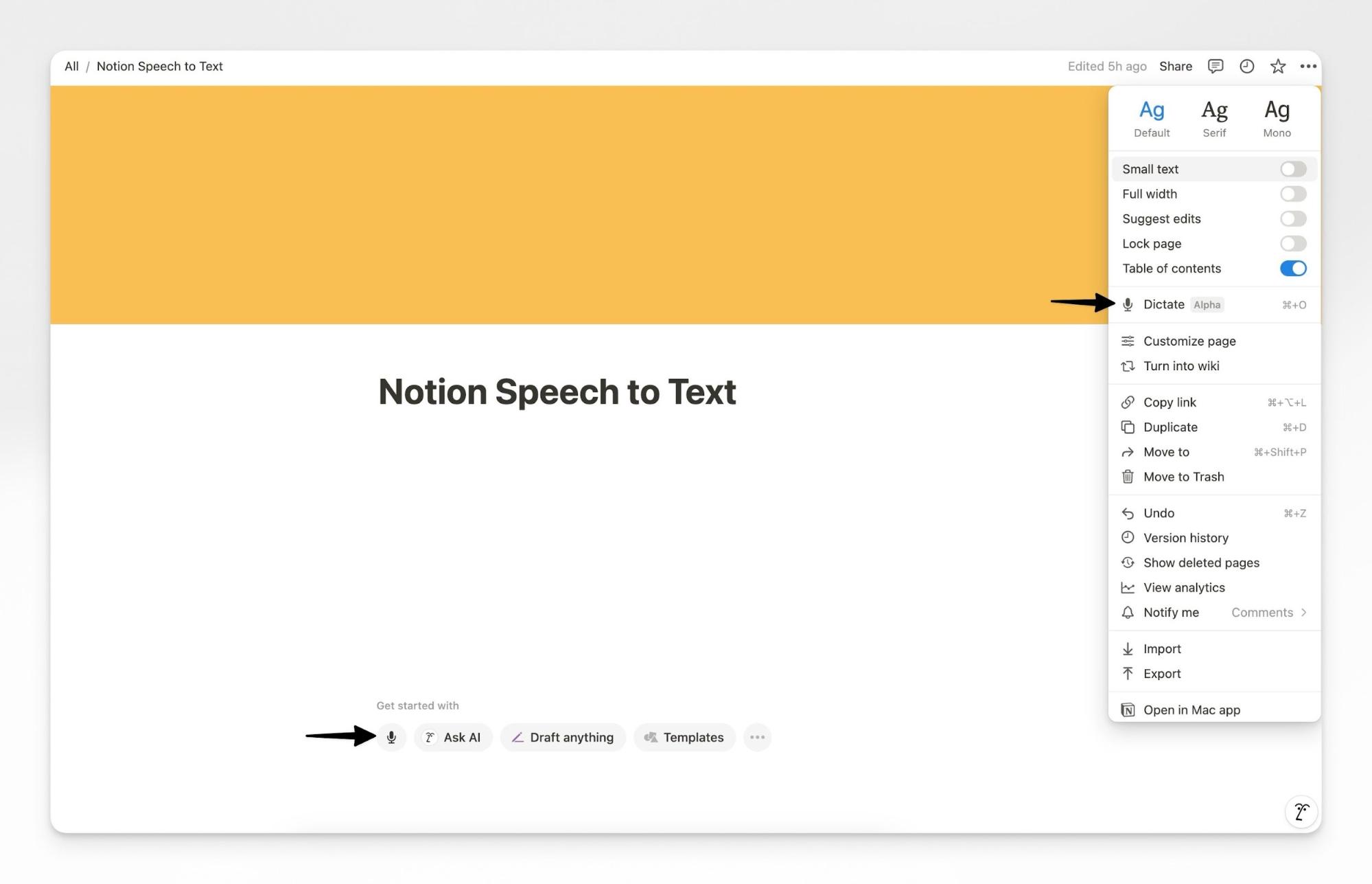 how to dictate text in Notion