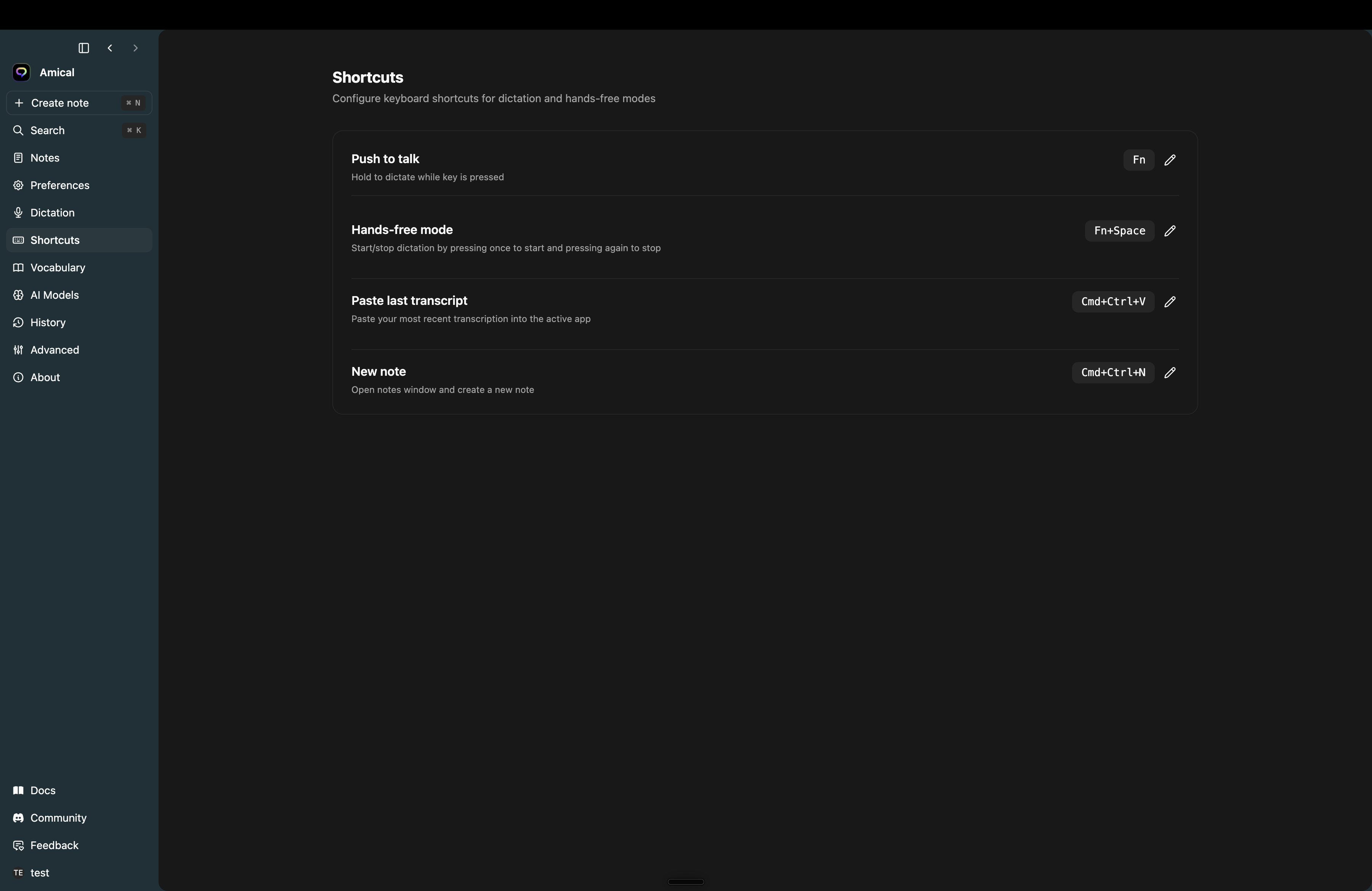 Settings → Shortcuts with the four configurable bindings