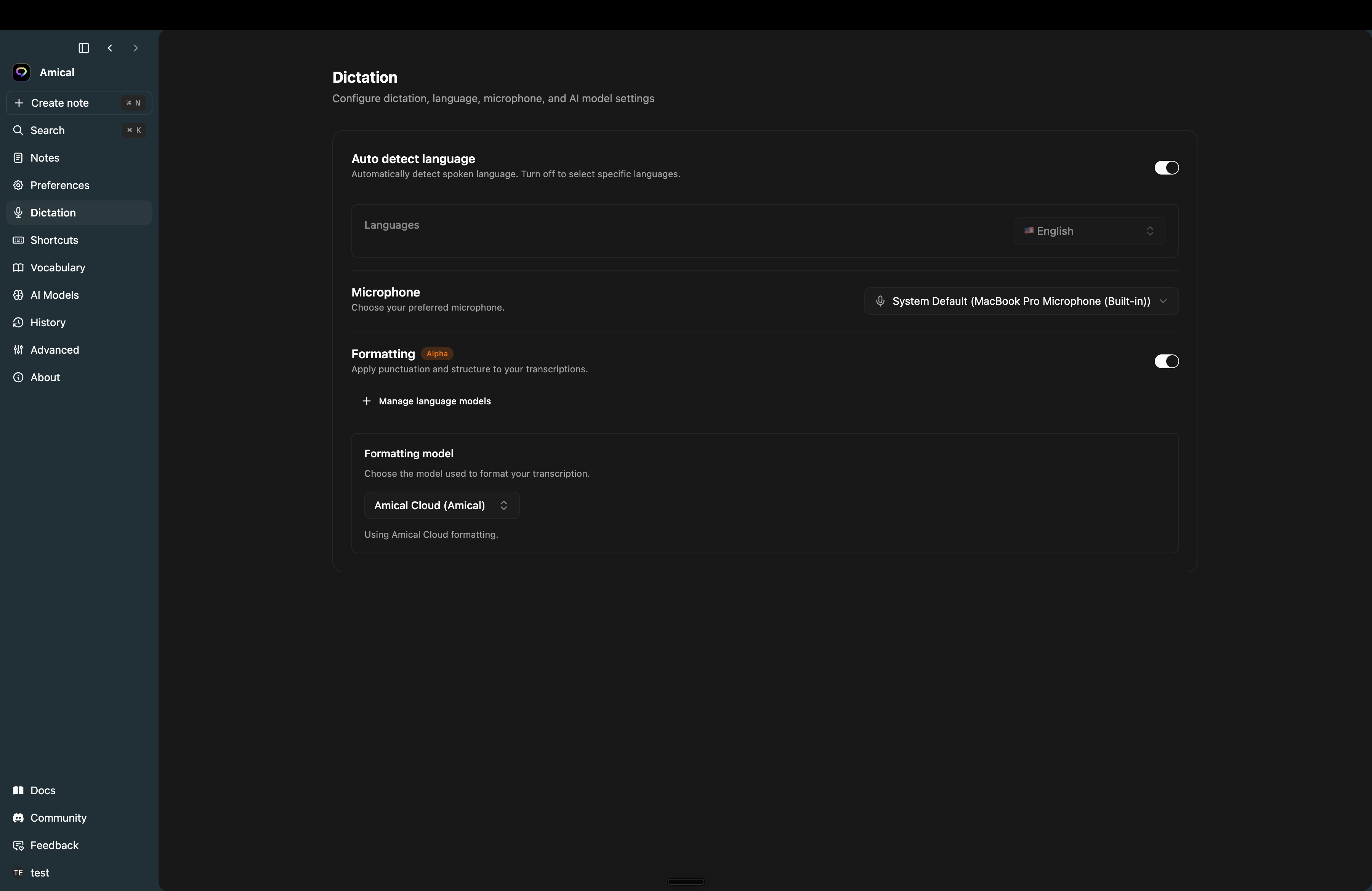 Settings → Dictation: the Formatting toggle, marked Alpha