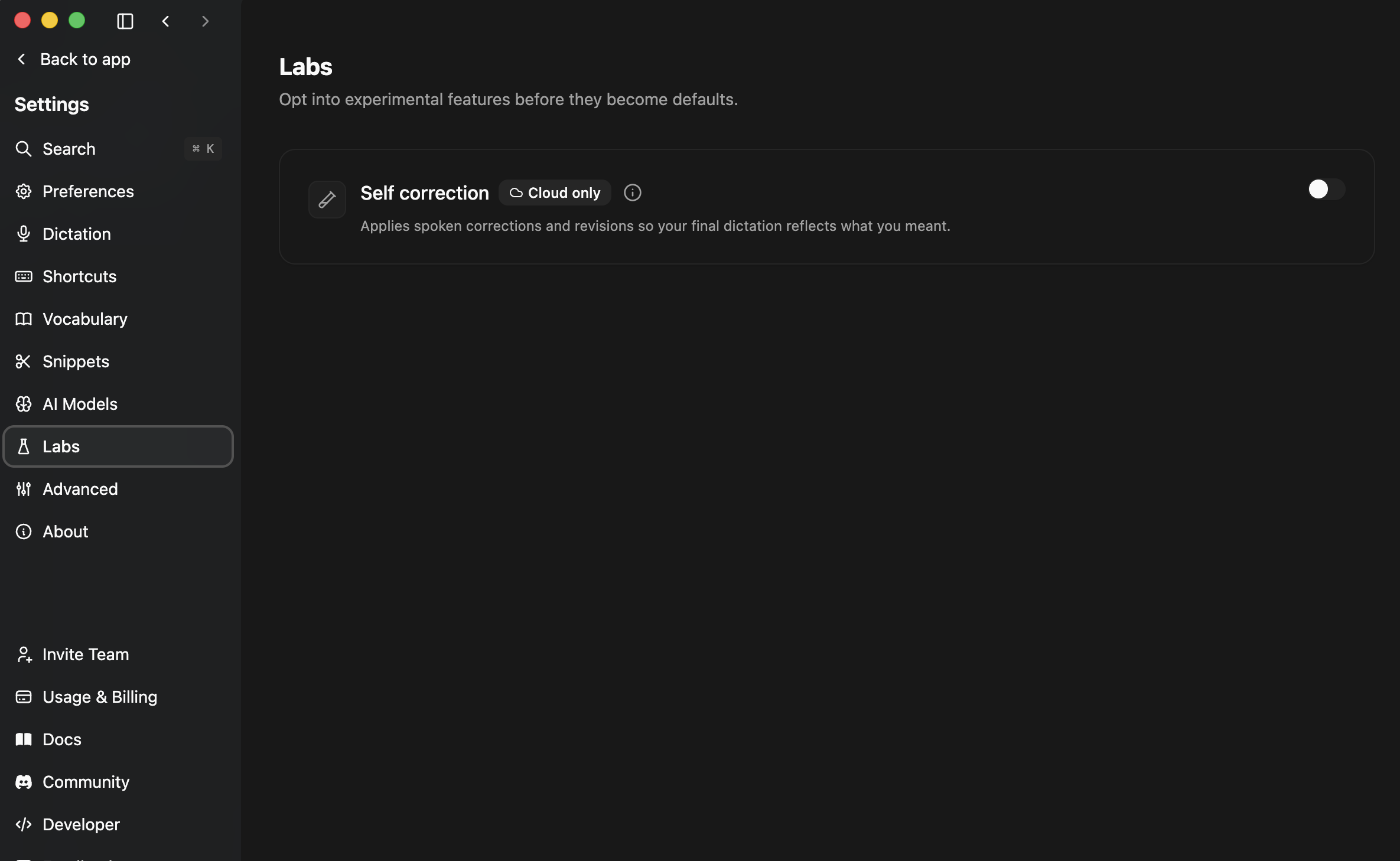 Settings → Labs showing the Self correction experiment with a Cloud only badge
