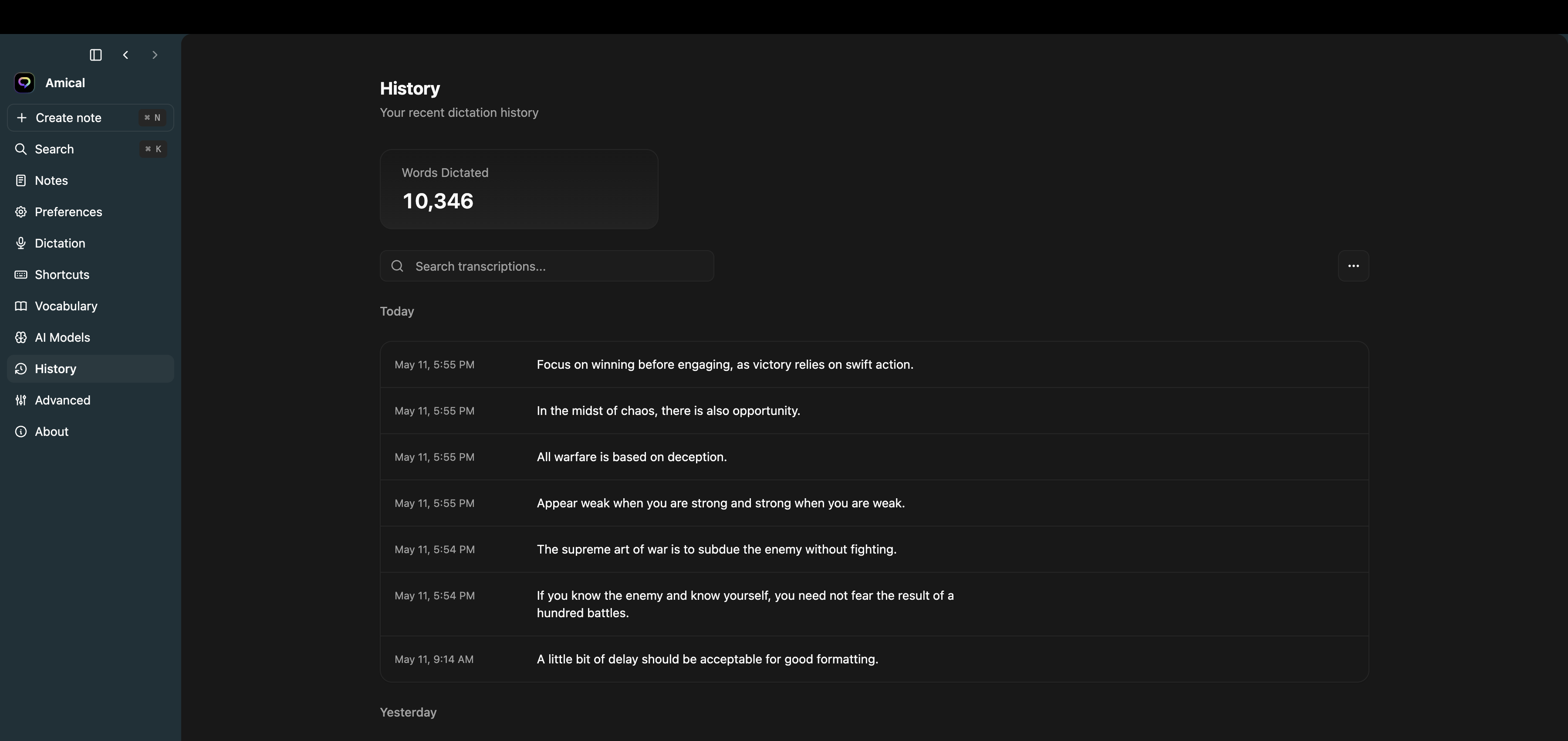 Settings → History with fixture transcriptions grouped by day
